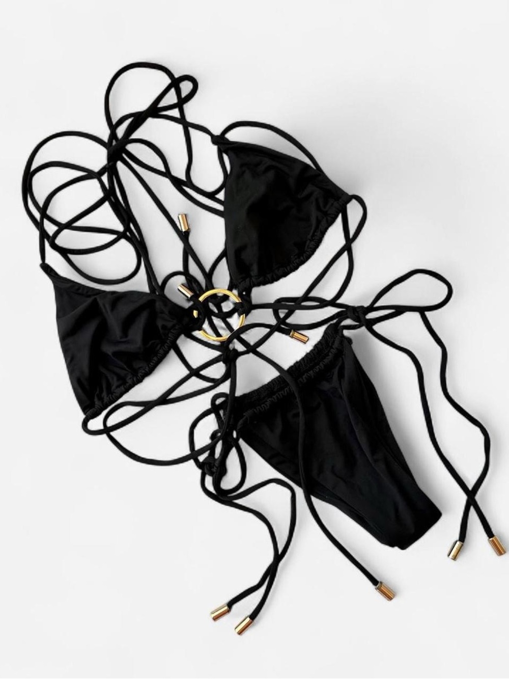 Kamari Black Gold Ring Triangle Tie Bikini Set